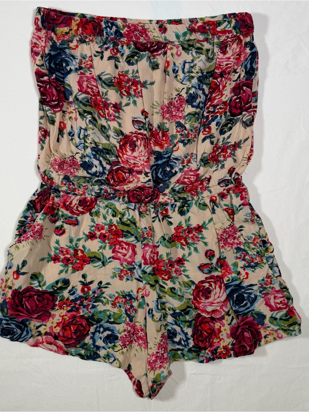 Angie Floral Strapless Romper in Beige with Red & Blue Roses